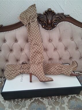 Gucci Lisa Beige GG Monogram Over-the-Knee Heeled Boots